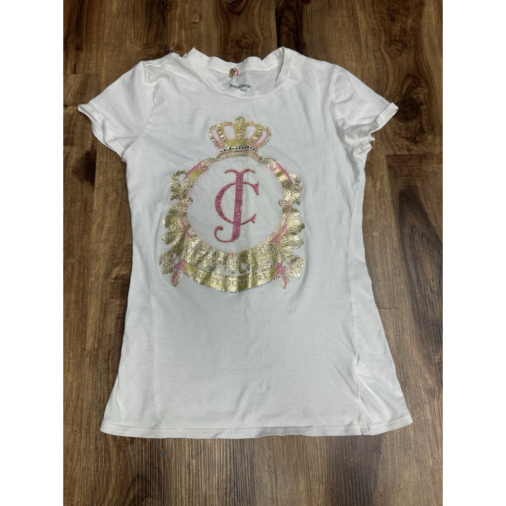 Juicy Couture White Milky T Shirt Cotton Gold Pink Emblem XS